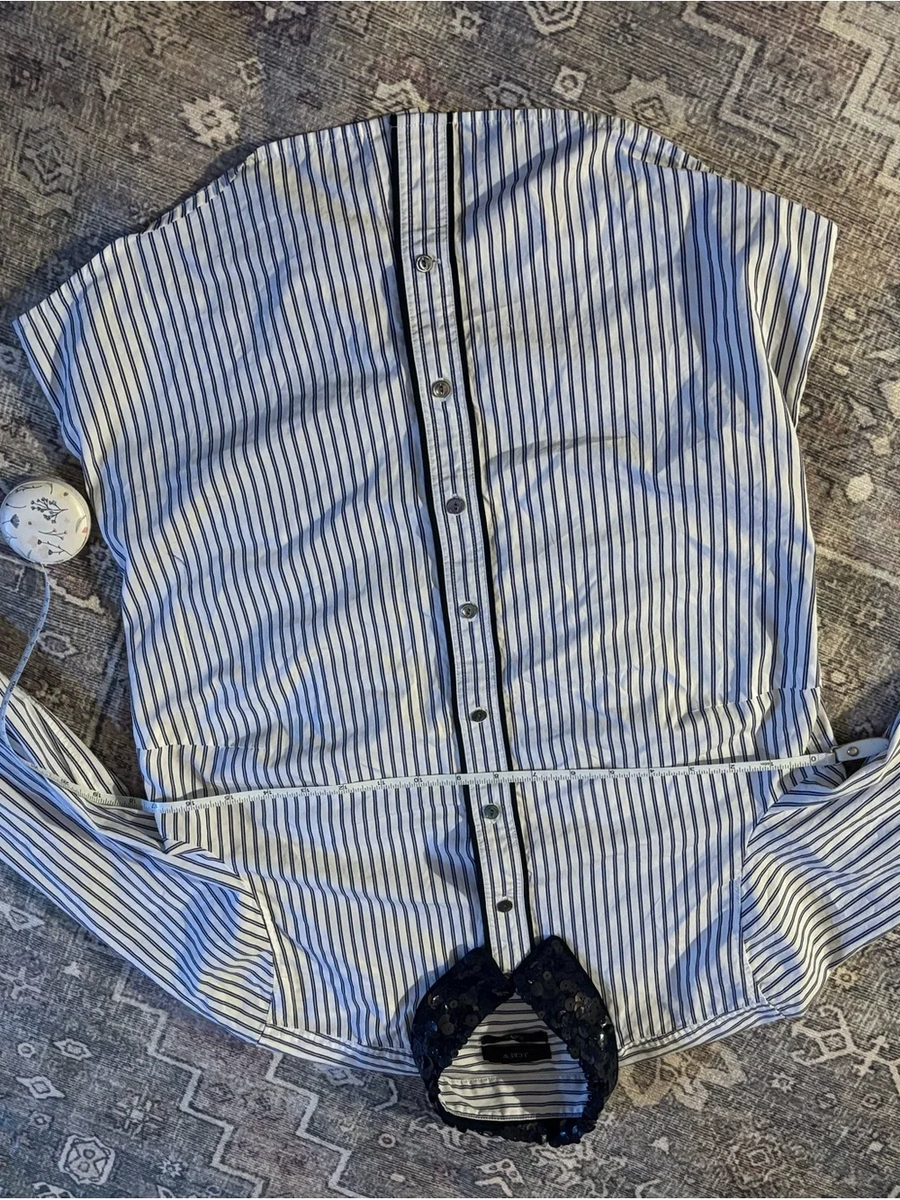 JCrew women’s Blue and White Striped Button-Down Shirt Black embellished collar